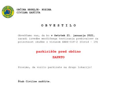 Obvestilo o zaprtju parkirišča pred občino